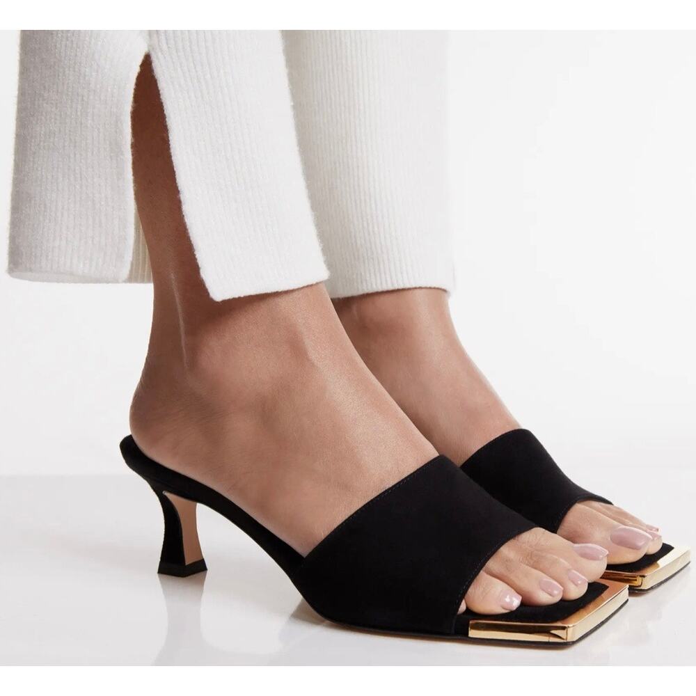 Good American Black and Gold The Standout Square Toe Slide Sandal Size 8